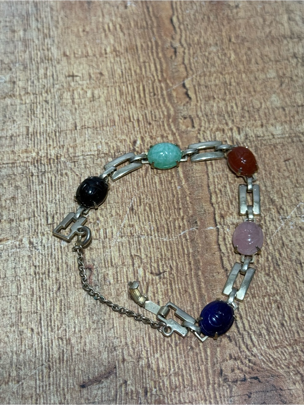 Vtg Egyptian Revival Scarab S-T Bracelet w Multicolored Smooth Stones & Safety